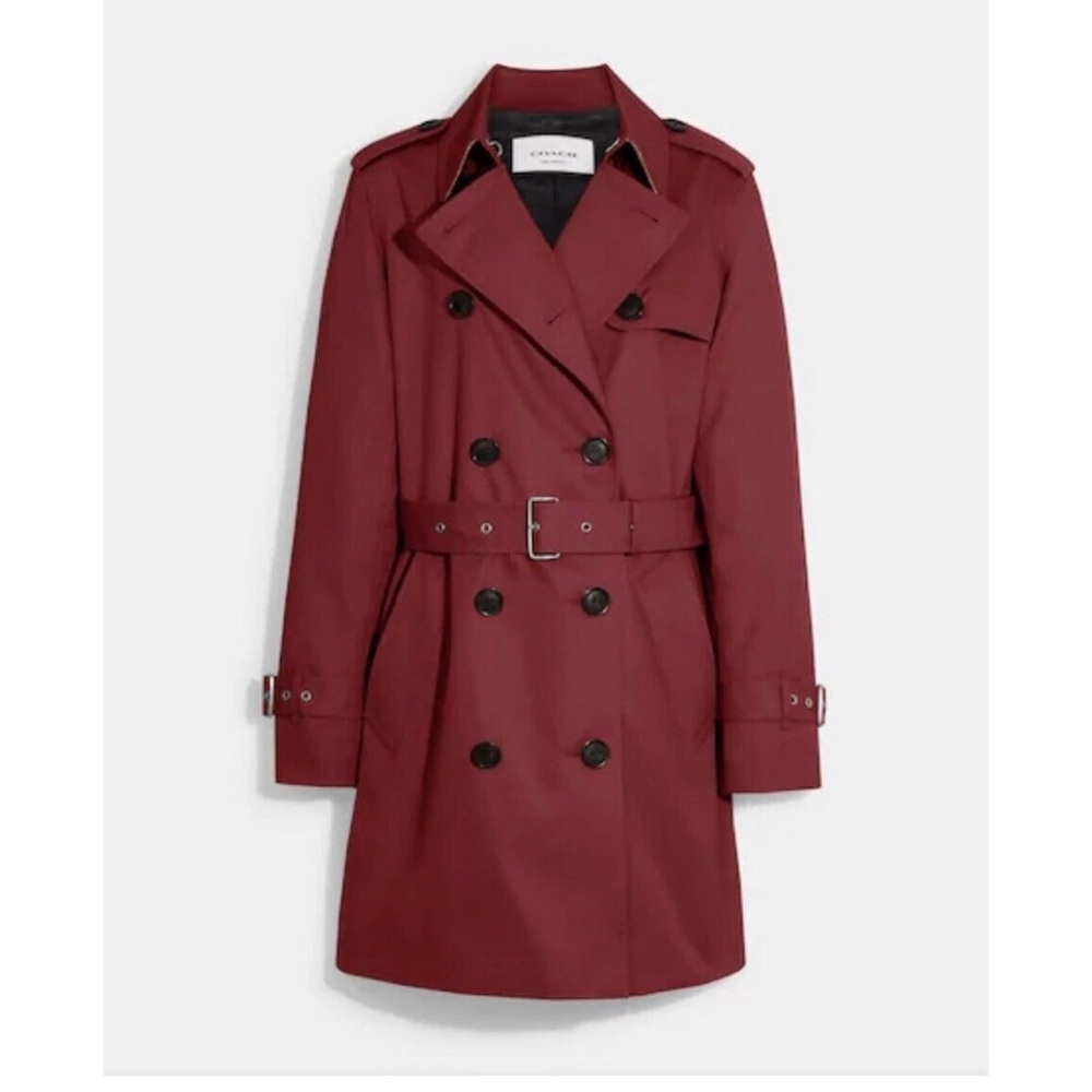 Coach Deep Red Double-Breasted Mid-Length Trench Coat